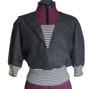 80s Structured Sailor Crisp Black Linen Balloon Sleeve Top